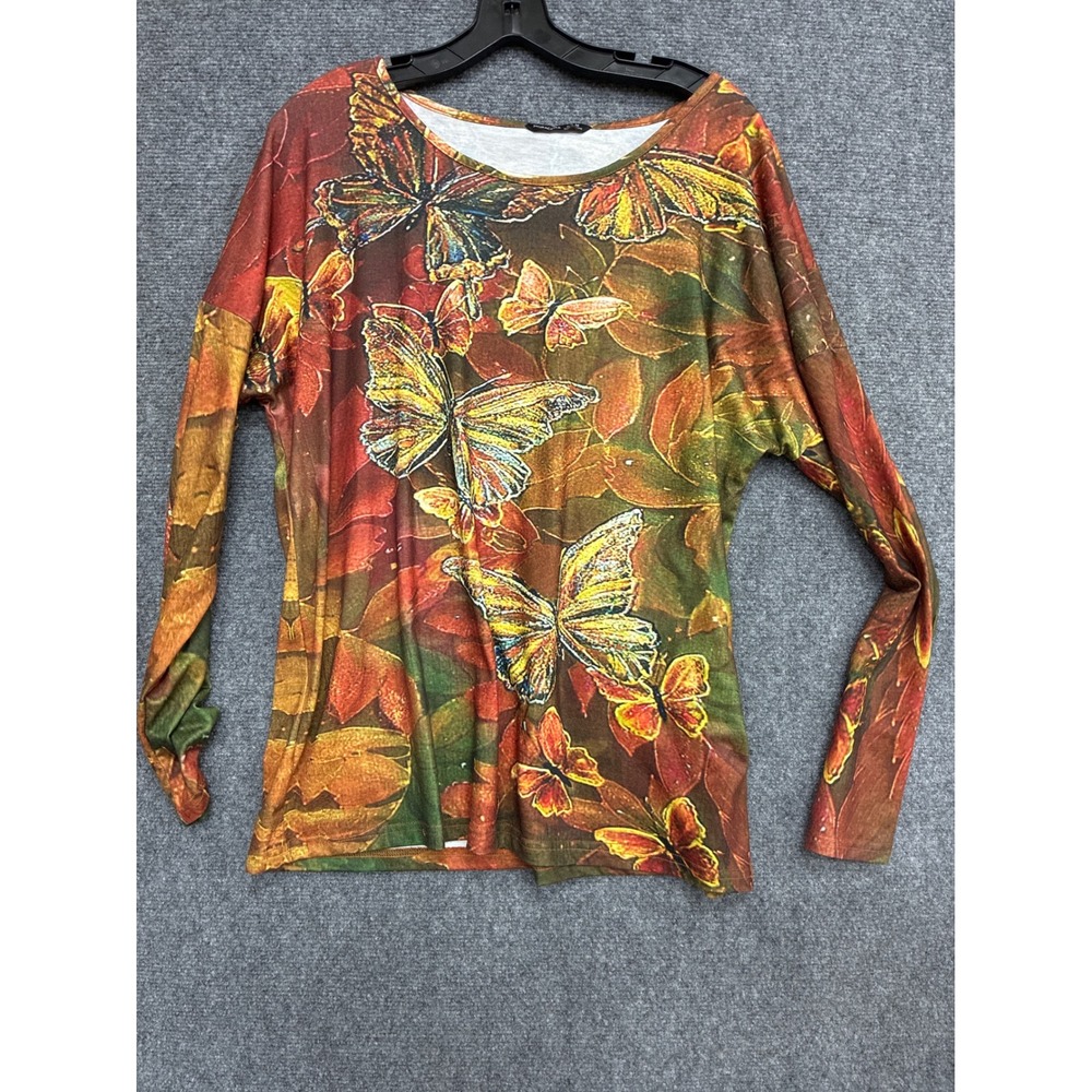 Noracora Butterfly Leaf Print Long Sleeve Top Orange Green Boho Size Medium NEW